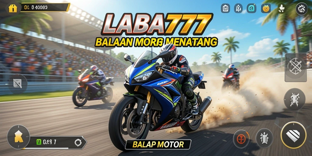 Tampilan antarmuka balap motor dengan grafik tinggi dan trek menantang.