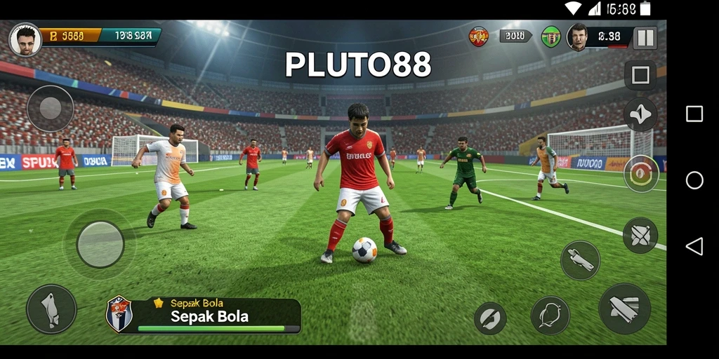 Antarmuka PLUTO88 menampilkan gameplay sepak bola yang seru dan interaktif.